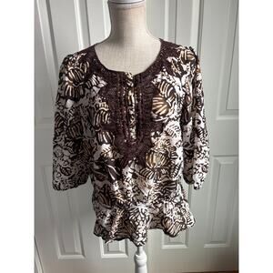 JONES NEW YORK Brown and White Leaf Patterned Blouse Size M